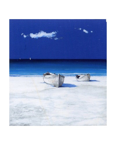 ציור שמן ים כחול ויפה וסירה על החוף